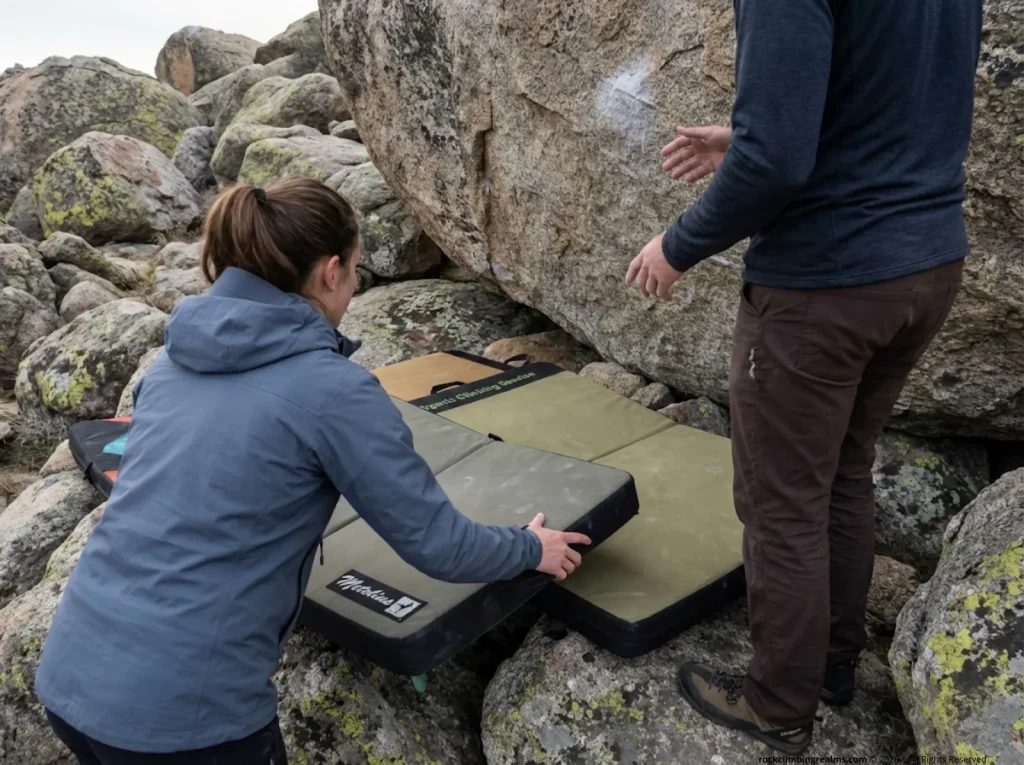 Two climbers arranging Metolius and Organic Climbing crash pads in 3D stack on talus terrain at boulder base