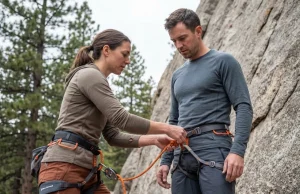 The Partner Check System Every Climber Gets Wrong Belayer checking climber tie-in knot during partner check at outdoor sport crag