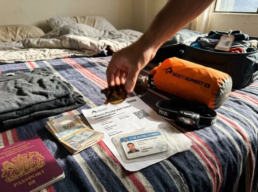 Passport, soles cash, park documents and an alpine club card laid out on a bed while packing for Peru