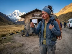 Do You Need a Peru Climbing Permit? Not Really Climber holding a Huascaran park ticket at a Cordillera Blanca checkpoint, the real Peru climbing permit