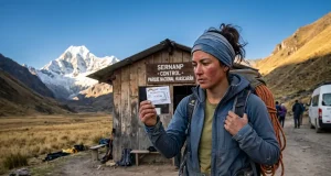 Do You Need a Peru Climbing Permit? Not Really Climber holding a Huascaran park ticket at a Cordillera Blanca checkpoint, the real Peru climbing permit