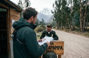 5 Permit Mistakes That’ll Get You Turned Away in Peru Climber presenting Peru climbing permits to SERNANP ranger at Cordillera Blanca checkpoint