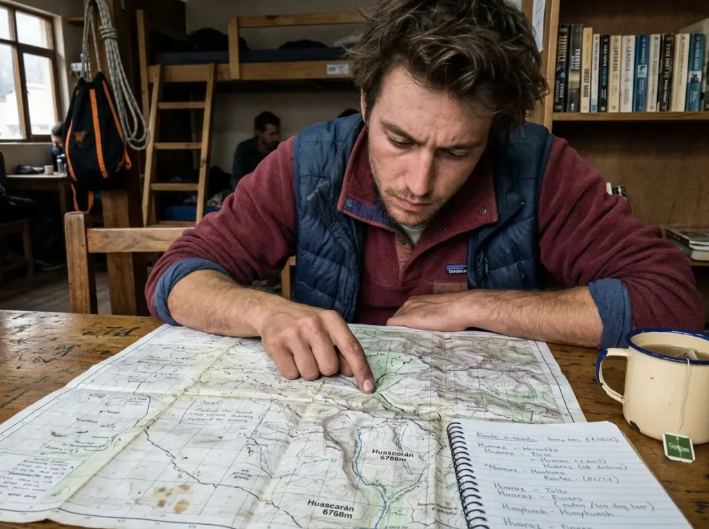 Climber comparing paper maps and notes at a Huaraz hostel table while planning Cordillera Blanca logistics