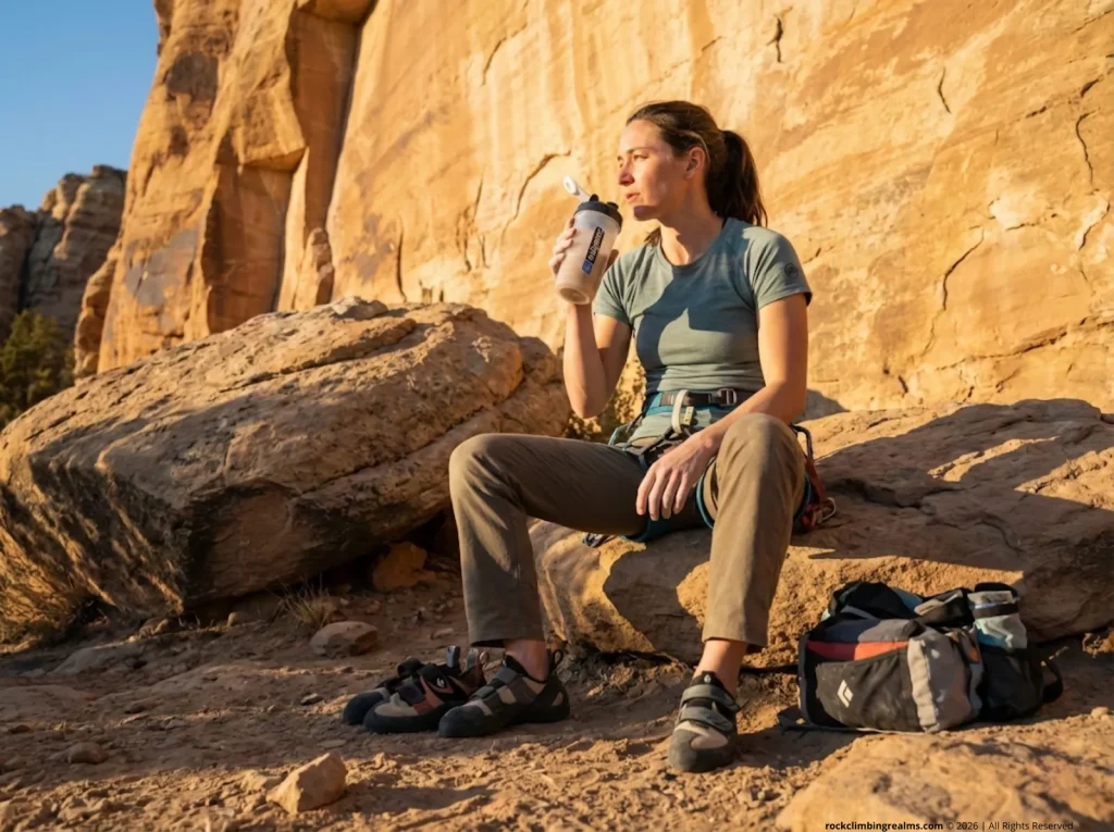 Female climber drinking recovery shake at cliff base in golden afternoon light after a climbing session