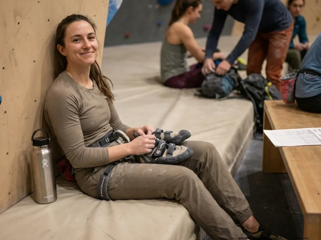 Female climber recovering after a local bouldering competition, removing shoes on a crash pad with water bottle in hand
