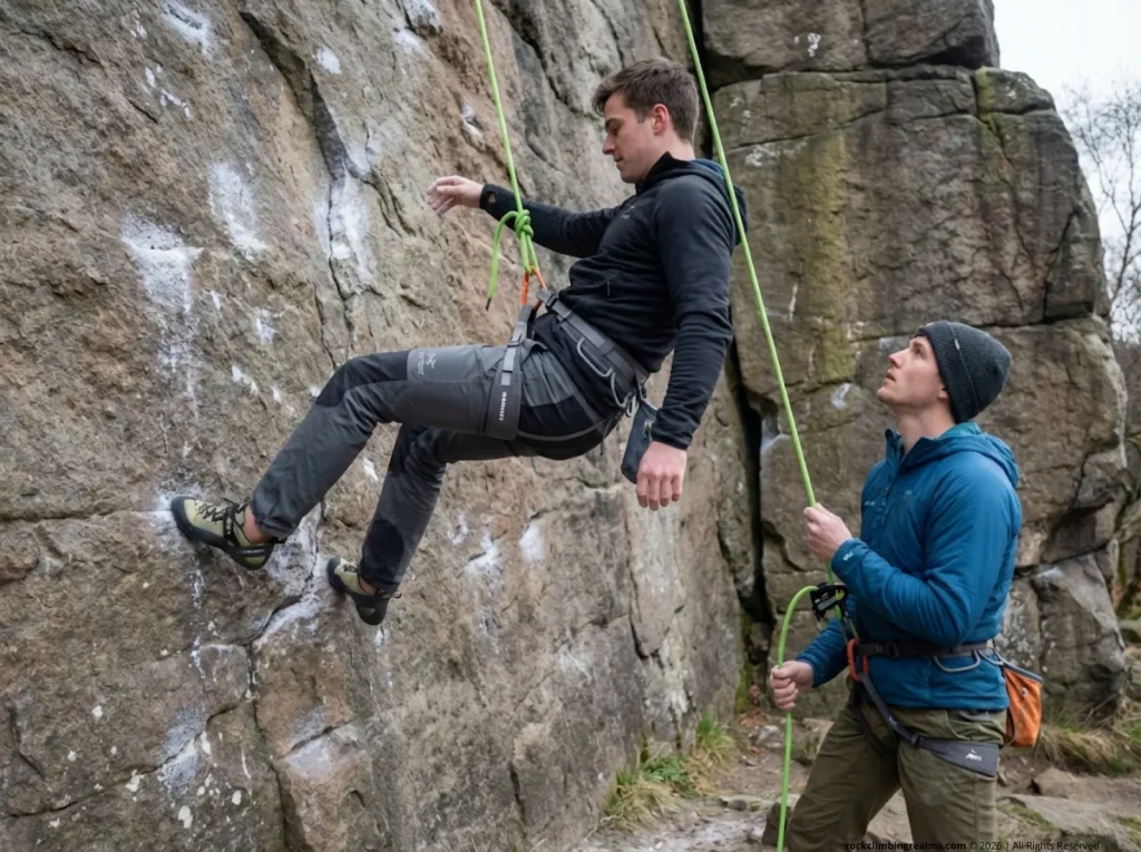 Climbing pair practicing soft catch technique on top rope at outdoor crag, controlled fall training    