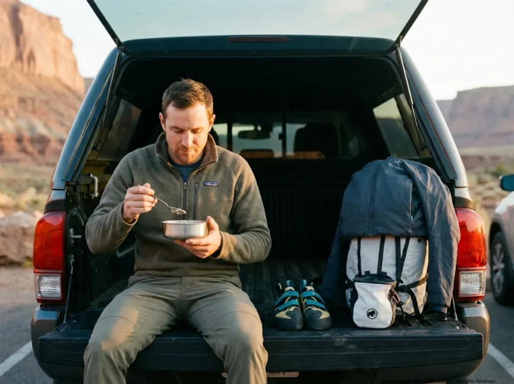 Climber eating pre-climb oatmeal at truck tailgate at sunrise before a day of rock climbing