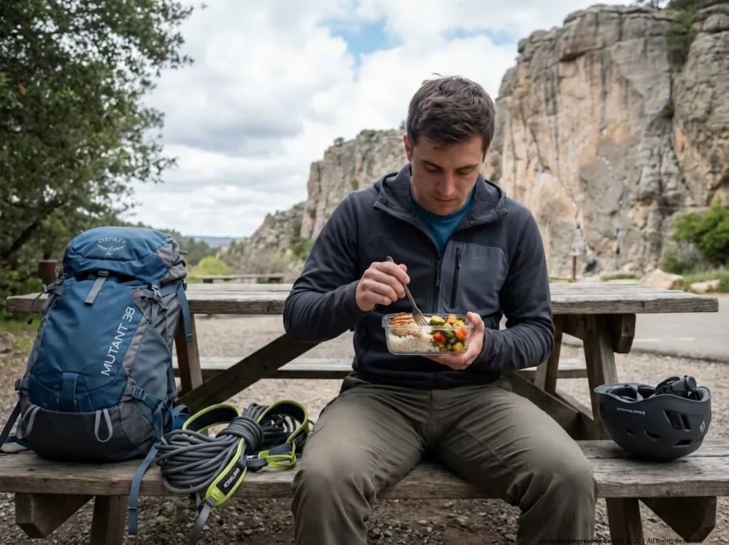 Climber eating proper protein-rich meal at crag during a rest break to support muscle repair and recovery