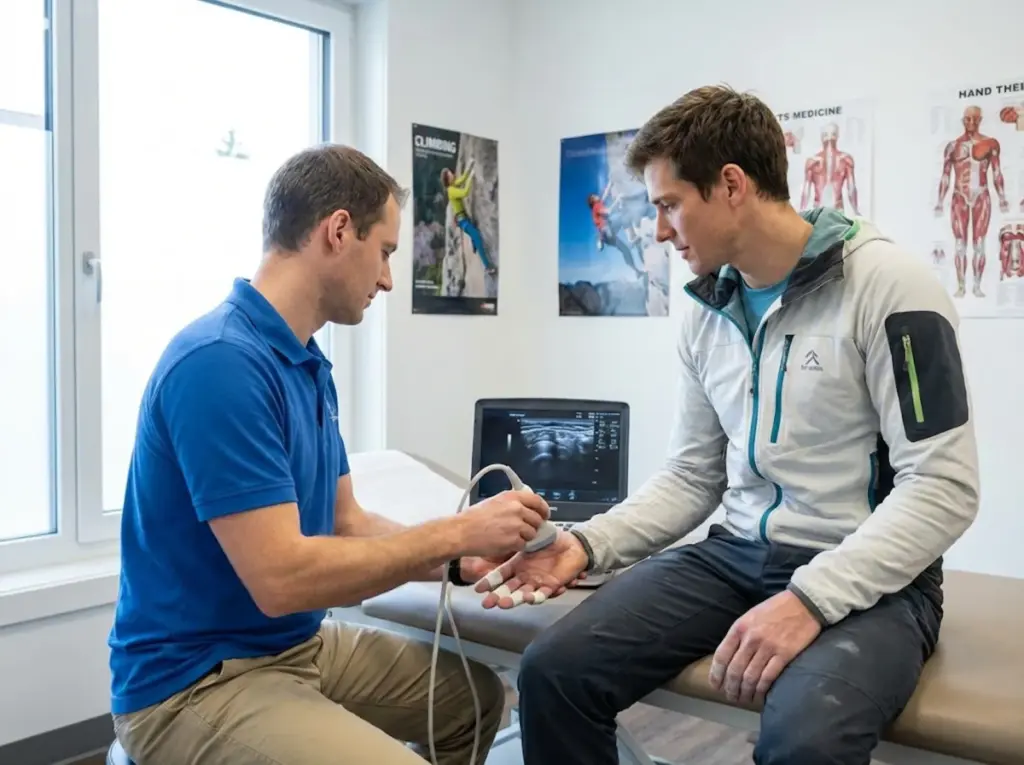 Sports medicine specialist performing ultrasound on climber finger to diagnose pulley injury grade