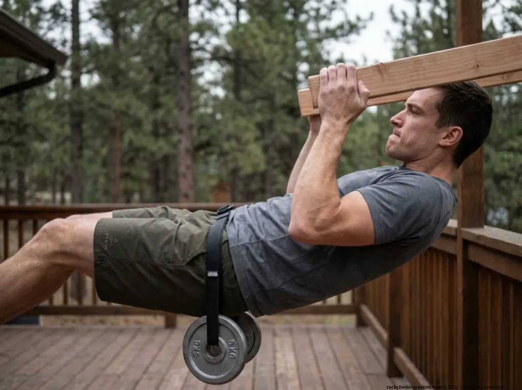 Male climber performing max hang with added weight belt on Lattice Training rung during ramping sets protocol for finger strength testing 