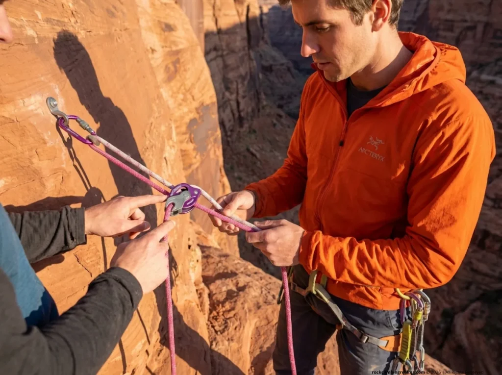 Two climbers doing partner device check before rappelling on Utah sandstone canyon wall