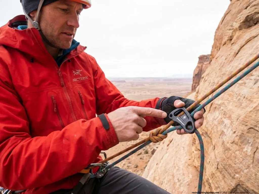 Climbing guide demonstrating correct rappel device threading showing rope strands vs tail at joining knot