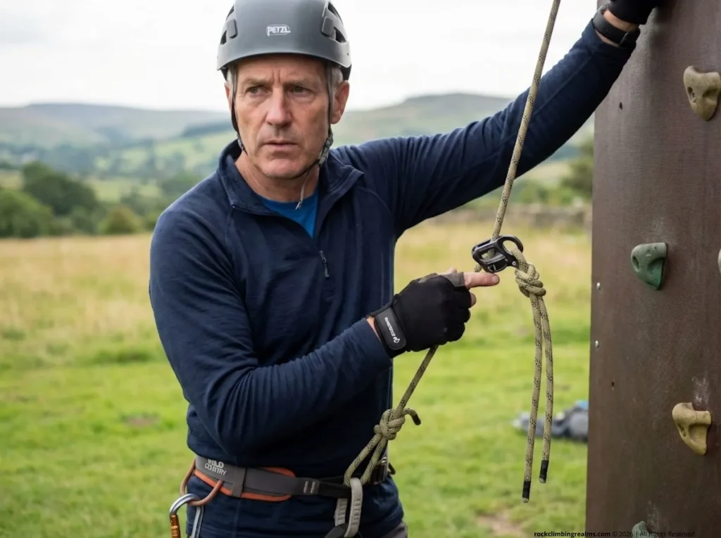 Climbing instructor demonstrating the tail-clipping rappel error with long rope tail at joining knot