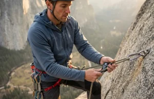 One Rappelling Mistake Kills More Climbers Than Any Other Climber setting up rappel device on granite wall above Yosemite Valley during golden hour