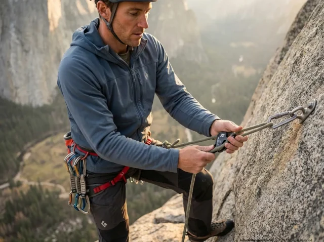 rappelling-accident-prevention-granite-wall-setup Climber setting up rappel device on granite wall above Yosemite Valley during golden hour