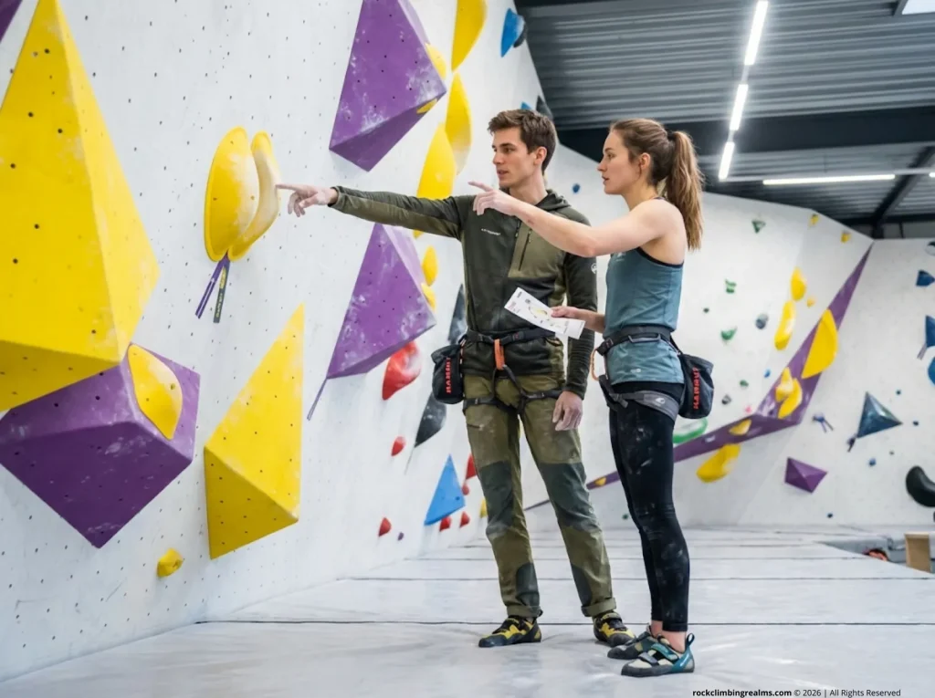 Two climbers reading and discussing a competition boulder problem, pointing at holds and tracing beta before attempting