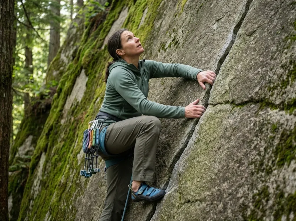 Climber assessing a variable-width crack that transitions from hand to finger size on granite wall