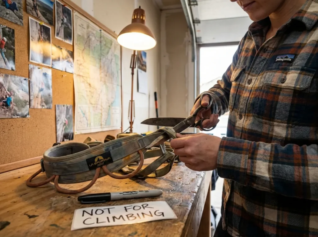 Climber cutting retired harness belay loop to prevent accidental reuse