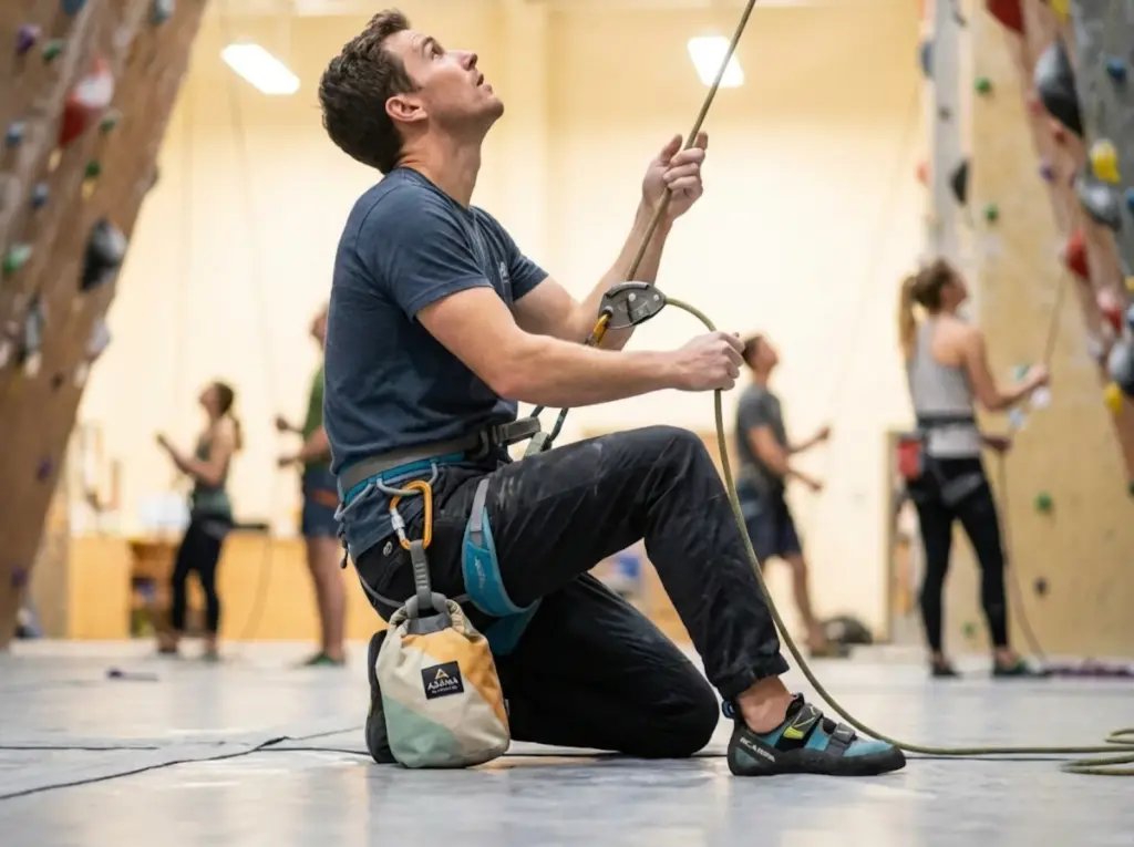 Belayer with Asana sandbag clipped to harness for weight differential management in gym