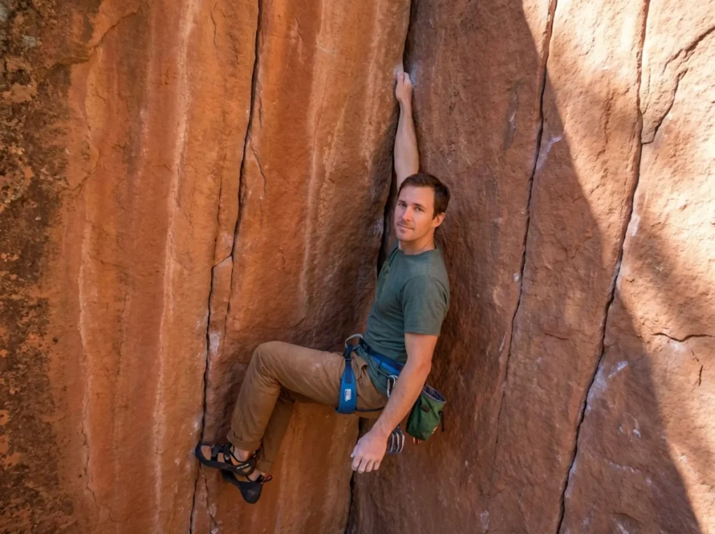 Climber hanging relaxed from a secure hand jam showing proper straight-arm technique on sandstone