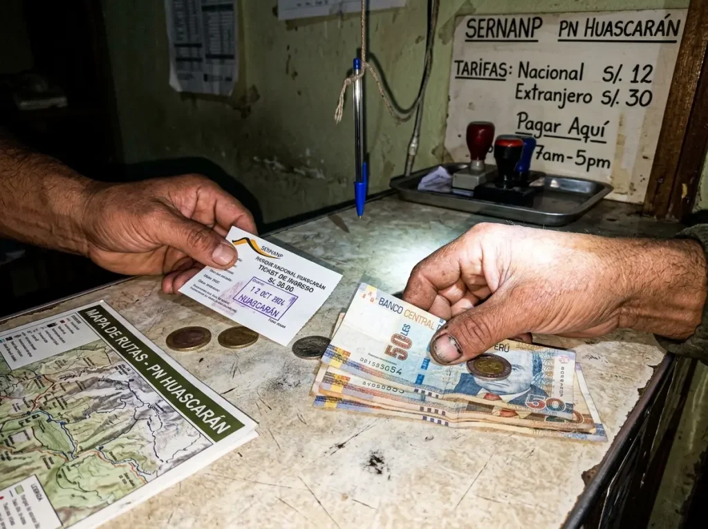 Hands paying for a Huascaran National Park entrance ticket with Peruvian soles cash at the office counter