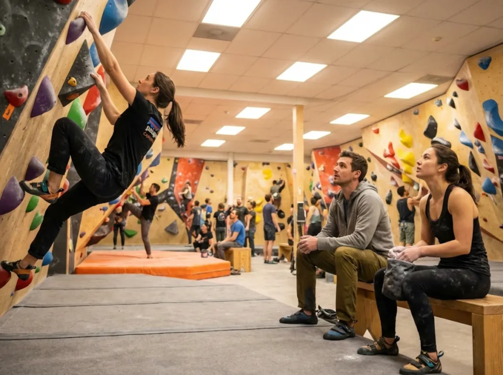 Climbers taking turns at a busy bouldering gym sharing wall space respectfully
