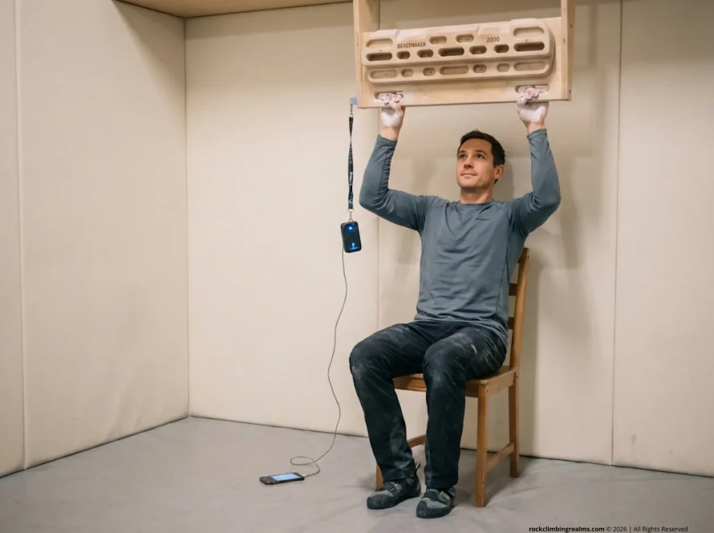 Male climber executing Sit-90 finger strength test on Beastmaker 2000 with Tindeq Progressor measuring force output 