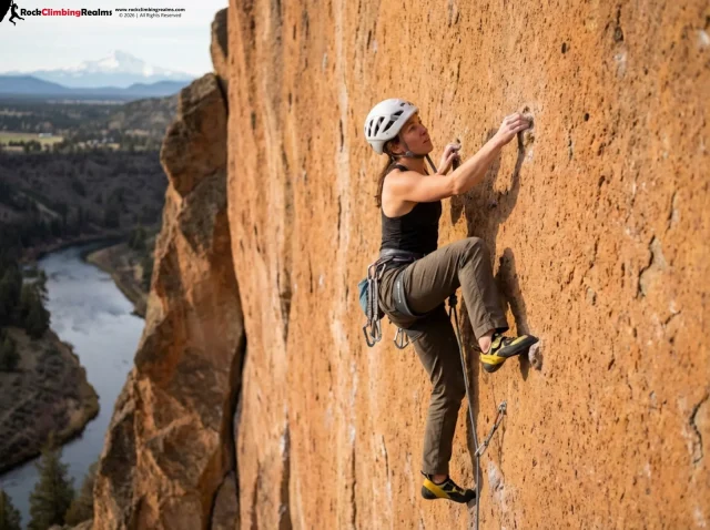 smith-rock-climbing-routes-hero Climber ascending orange volcanic tuff wall at Smith Rock State Park Oregon
