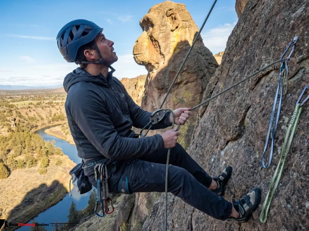 Climber belaying on multi-pitch route on Monkey Face pillar Smith Rock