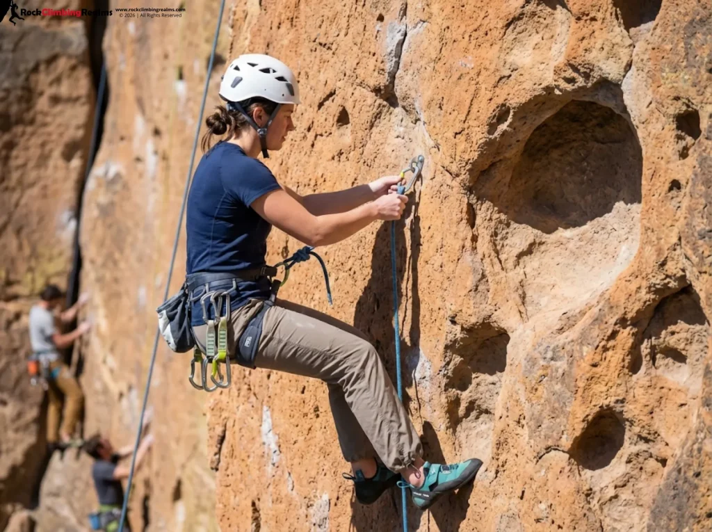 Sport climber clipping quickdraw on Morning Glory Wall Smith Rock route