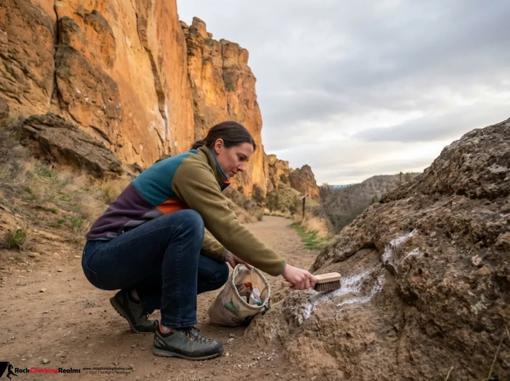 Climber brushing chalk off rock and cleaning crag at Smith Rock State Park