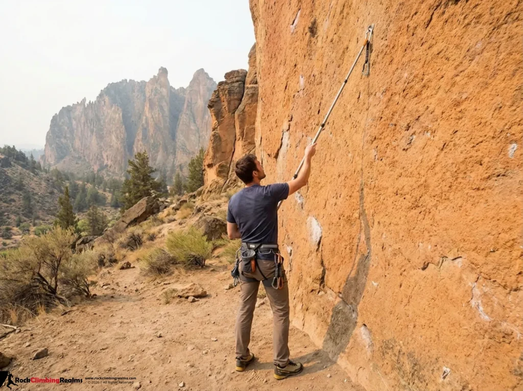Climber using Trango stick-clip to pre-clip high first bolt at Smith Rock