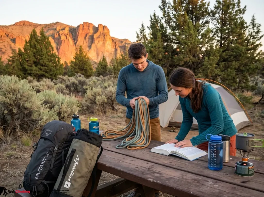 Climbers planning trip at Smith Rock Bivouac campsite with gear and guidebook