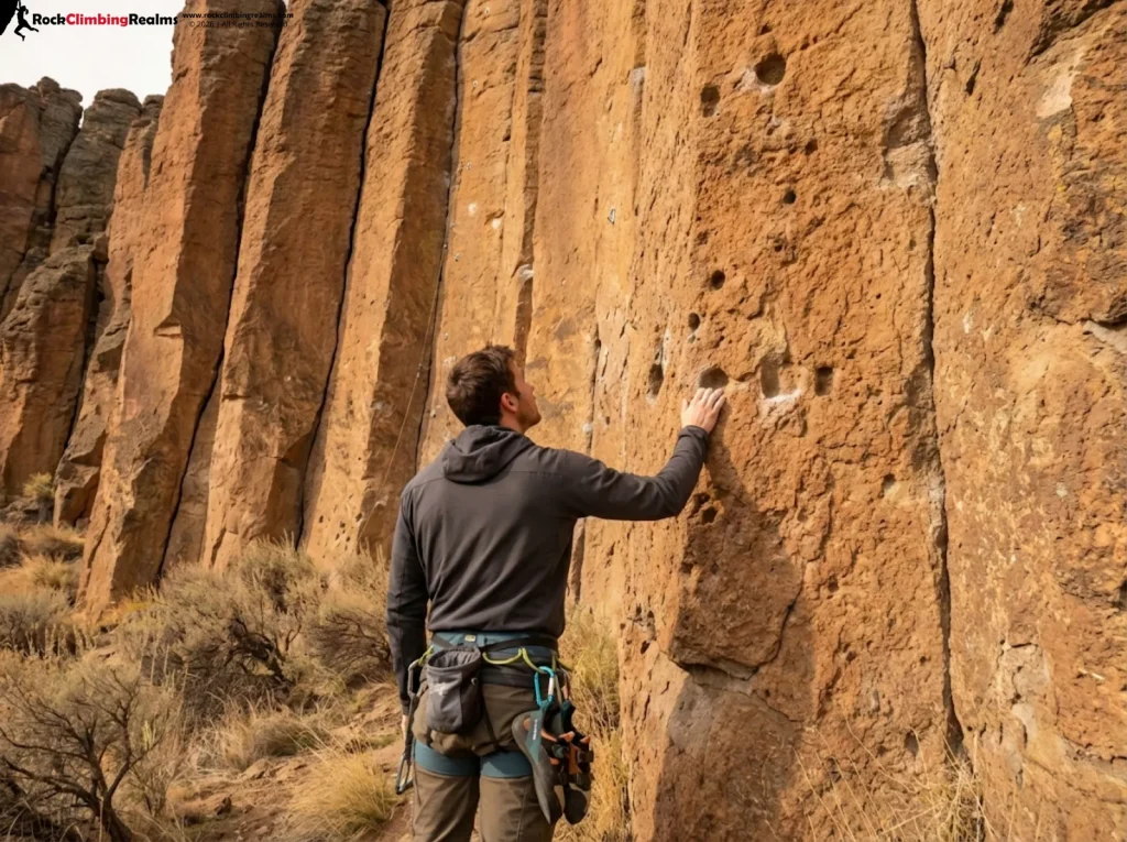 Climber studying volcanic tuff wall geology at Smith Rock Dihedrals Oregon