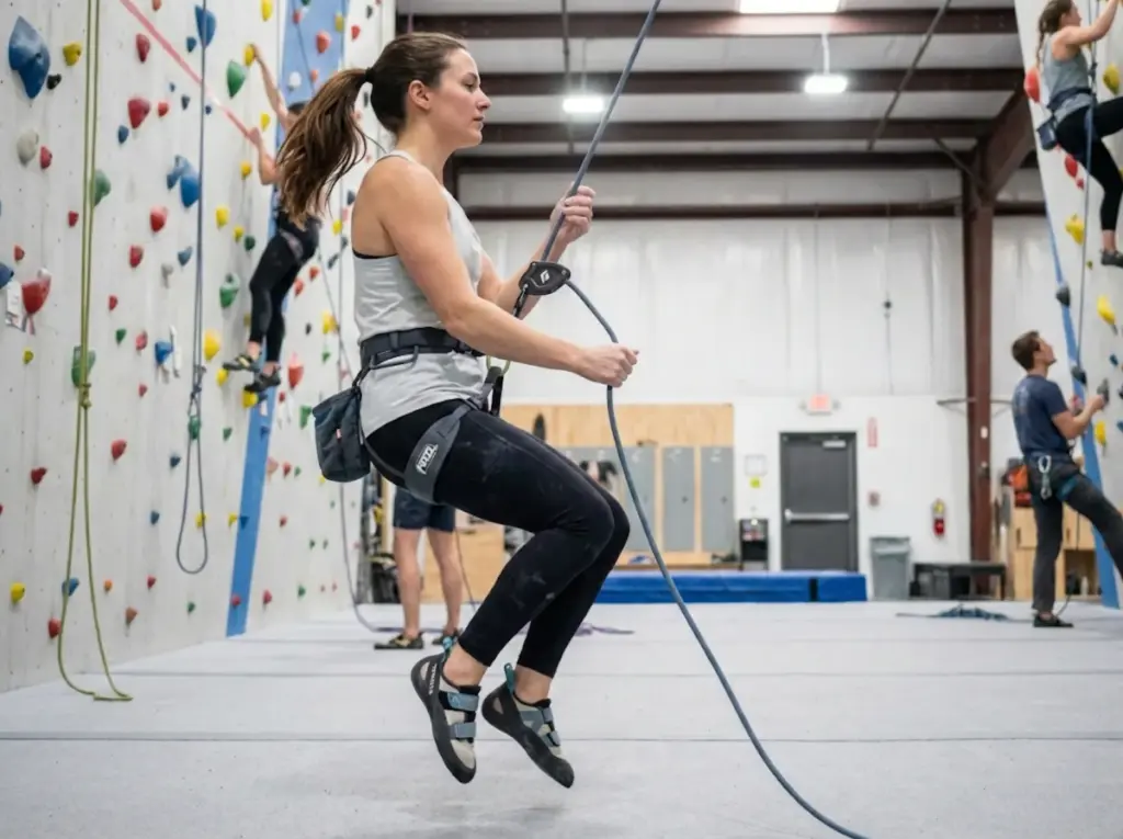 Light belayer executing soft catch technique with controlled jump at climbing gym