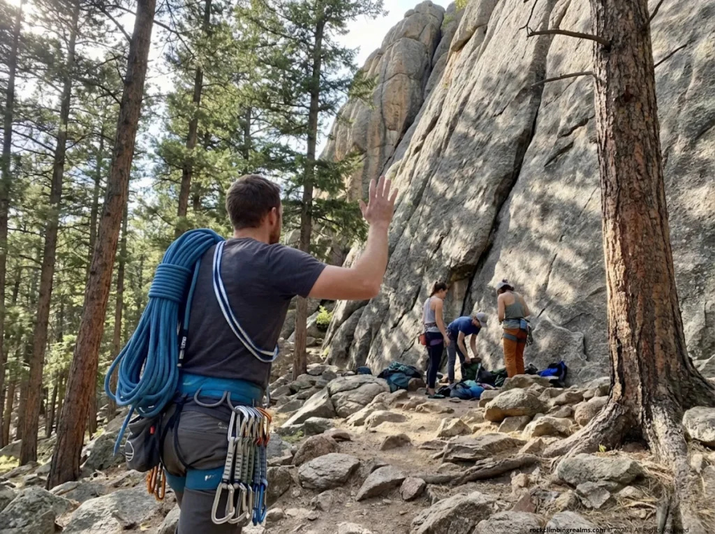 Male climber approaching a crag group with rope and quickdraws, Wild Country harness, Colorado granite wall setting