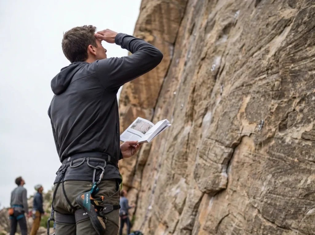 Climber studying a sport route from the ground with a guidebook before projecting
