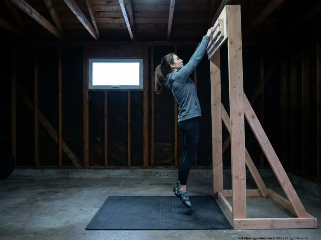 Female climber free-hanging from Tension Board in standing position showing body sway during finger strength testing   