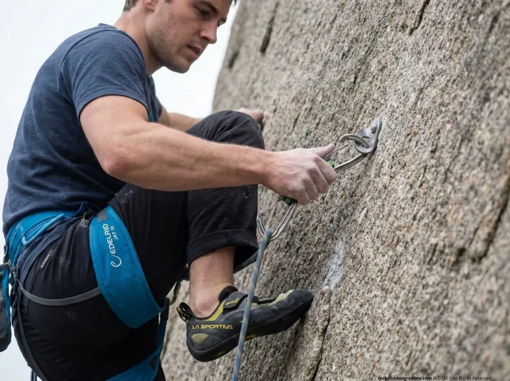Climber clipping quickdraw to bolt with gate not fully closed on granite route 