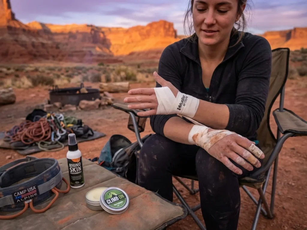 Climber building tape gloves at desert camp with skin care products after a crack climbing session