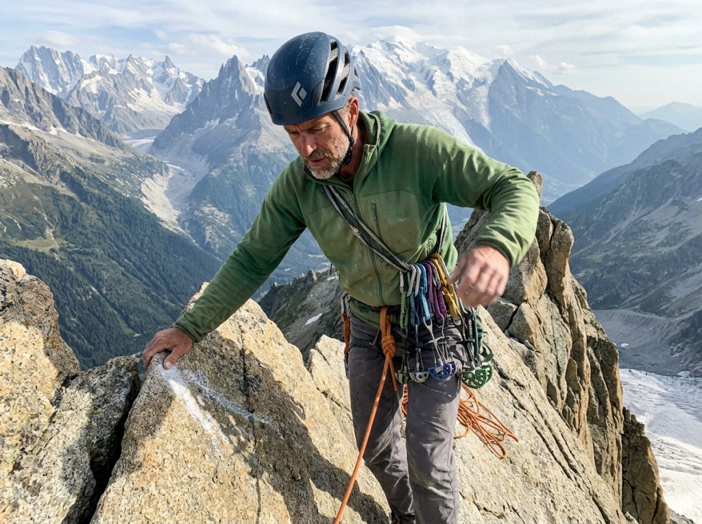 Alpine climber on an exposed granite ridge with a trad rack in the North Cascades