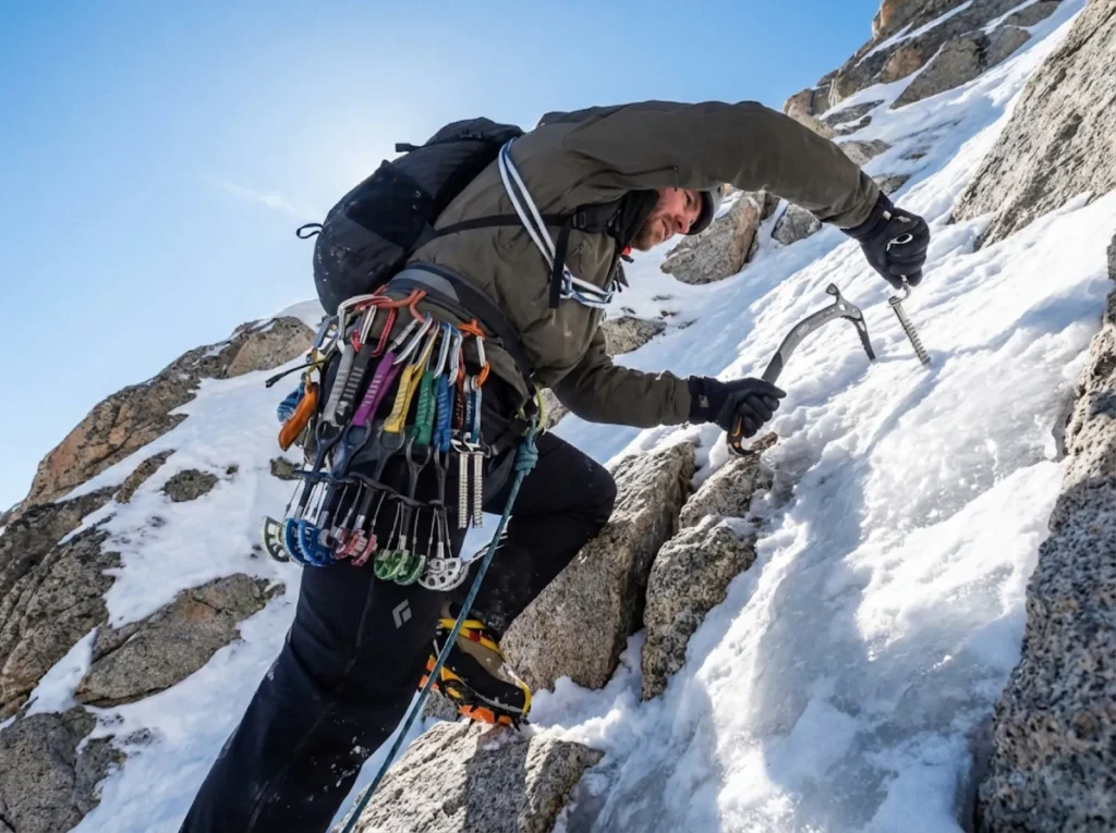 Climber placing ice screw on mixed alpine route with gear-loaded harness visible 