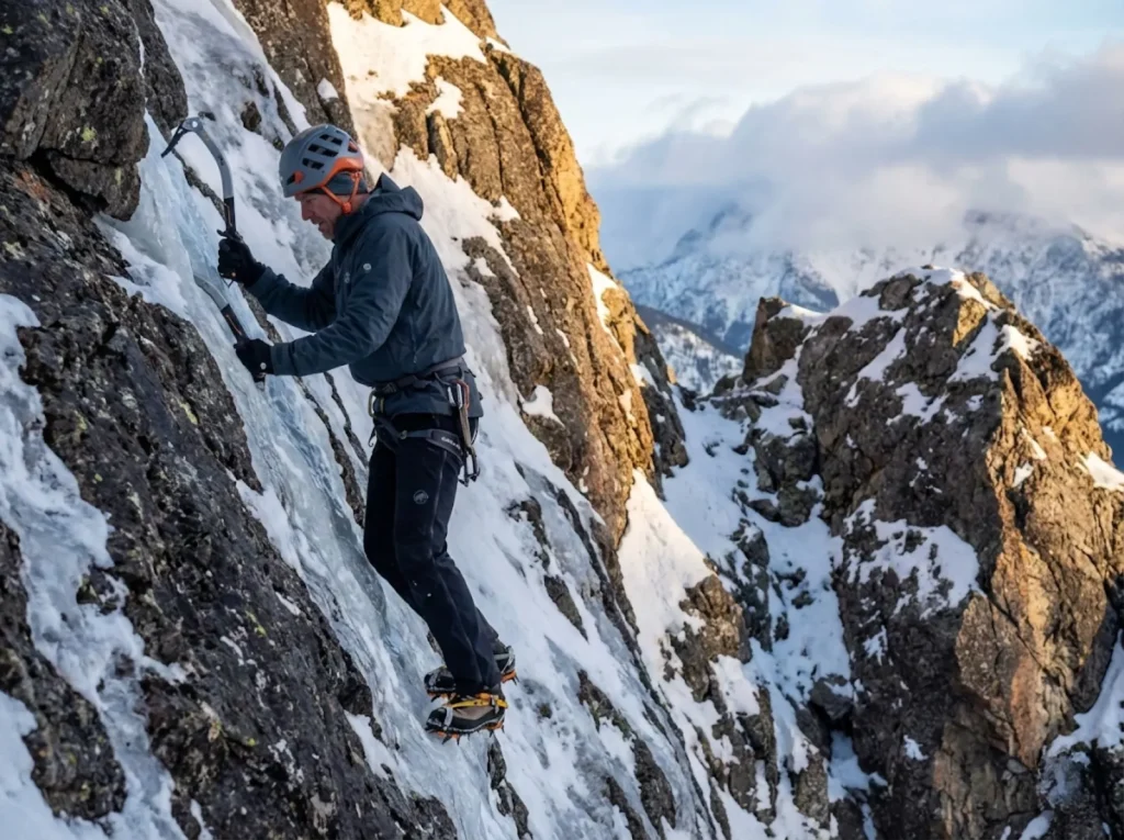 Climber testing CAMP Alpinist Tech crampon on mixed ice and rock terrain during field review