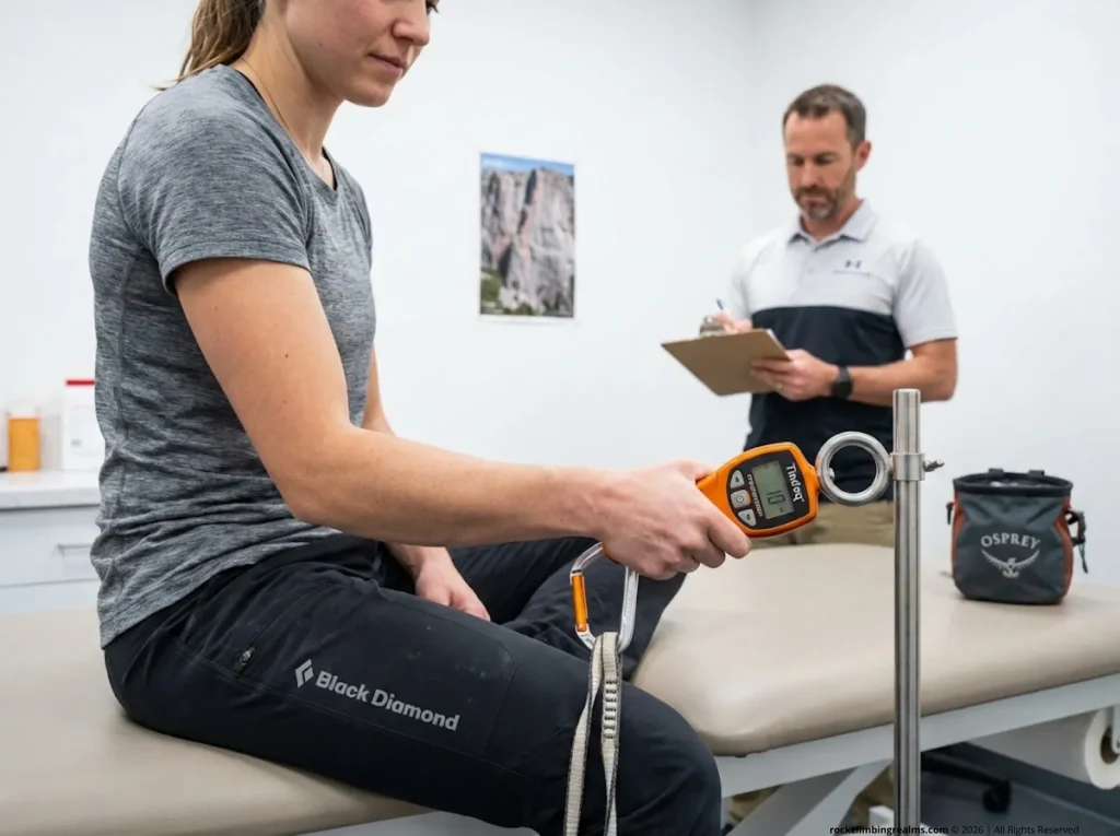 Climber performing fixated-arm no-hang finger strength test with Tindeq Progressor tension block in clinical setting