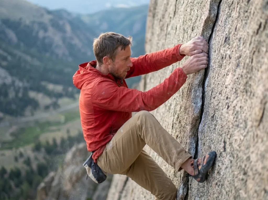 Climber on a high Colorado granite face like the Diamond on Longs Peak, evoking Caldwell's roots