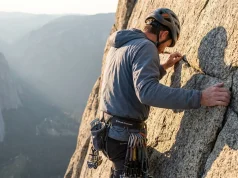 Down to Nine Fingers? Tommy Caldwell’s Dawn Wall Lone climber high on a sunlit granite big wall, roped, evoking Tommy Caldwell's Dawn Wall