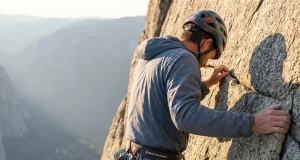 Down to Nine Fingers? Tommy Caldwell’s Dawn Wall Lone climber high on a sunlit granite big wall, roped, evoking Tommy Caldwell's Dawn Wall