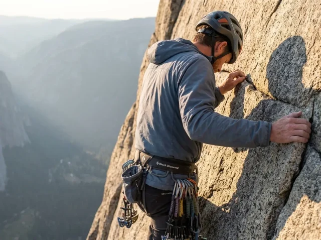 tommy-caldwell-dawn-wall-big-wall-climber Lone climber high on a sunlit granite big wall, roped, evoking Tommy Caldwell's Dawn Wall