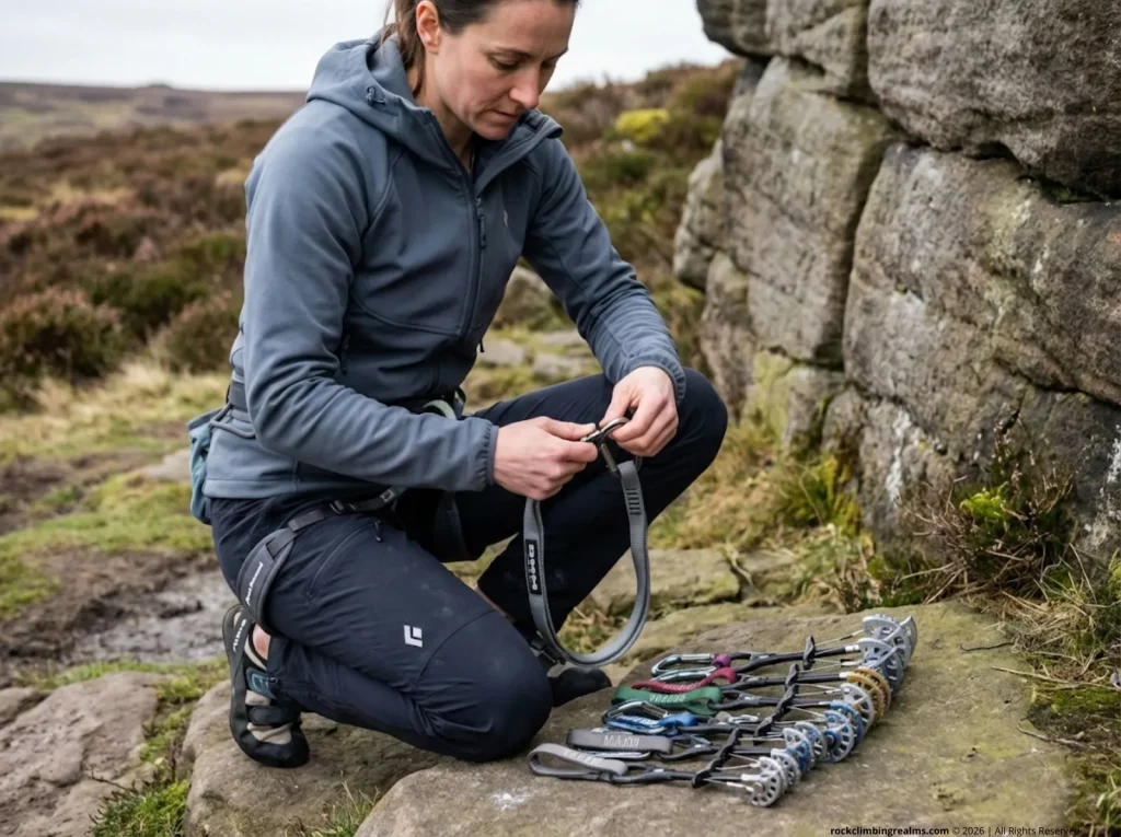 Female trad climber configuring a DMM Bandolier gear sling into D-modification at gritstone crag base with cams laid out 