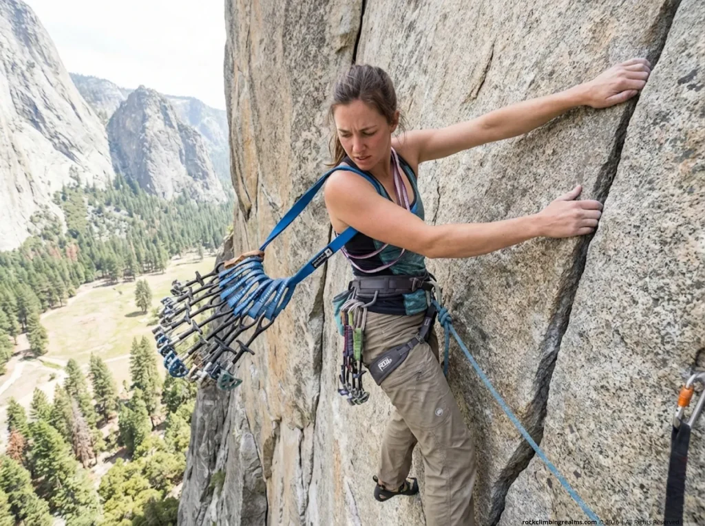 Female trad climber on granite face looking at tangled Metolius gear sling swinging away from her body mid-lead       